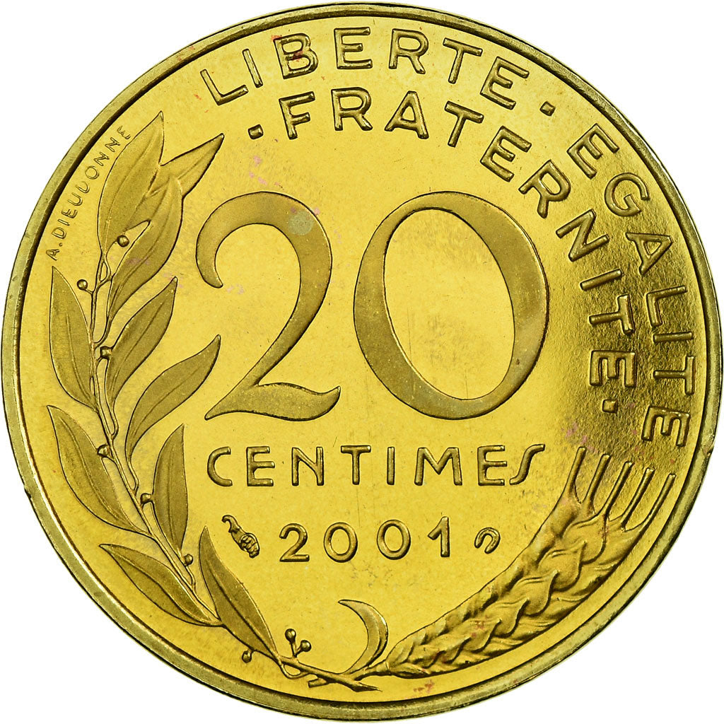 Moeda, França, Marianne, 20 Centimes, 2001, Paris, MS(65-70), Alumínio-Bronze