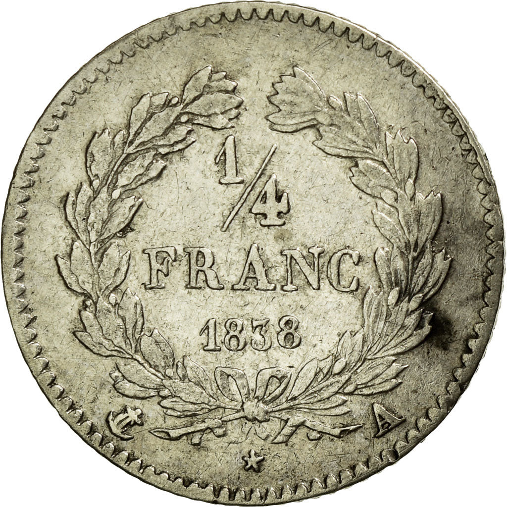 Coin, France, Louis-Philippe, 1/4 Franc, 1838, Paris, AU(50-53), Silver