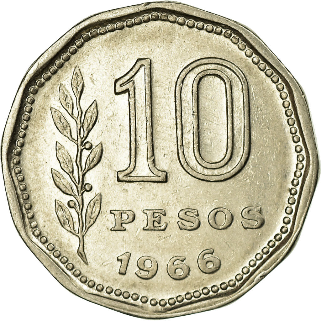 Moneda, Argentina, 10 Pesos, 1966, MBC, Níquel recubierto de acero, KM:60