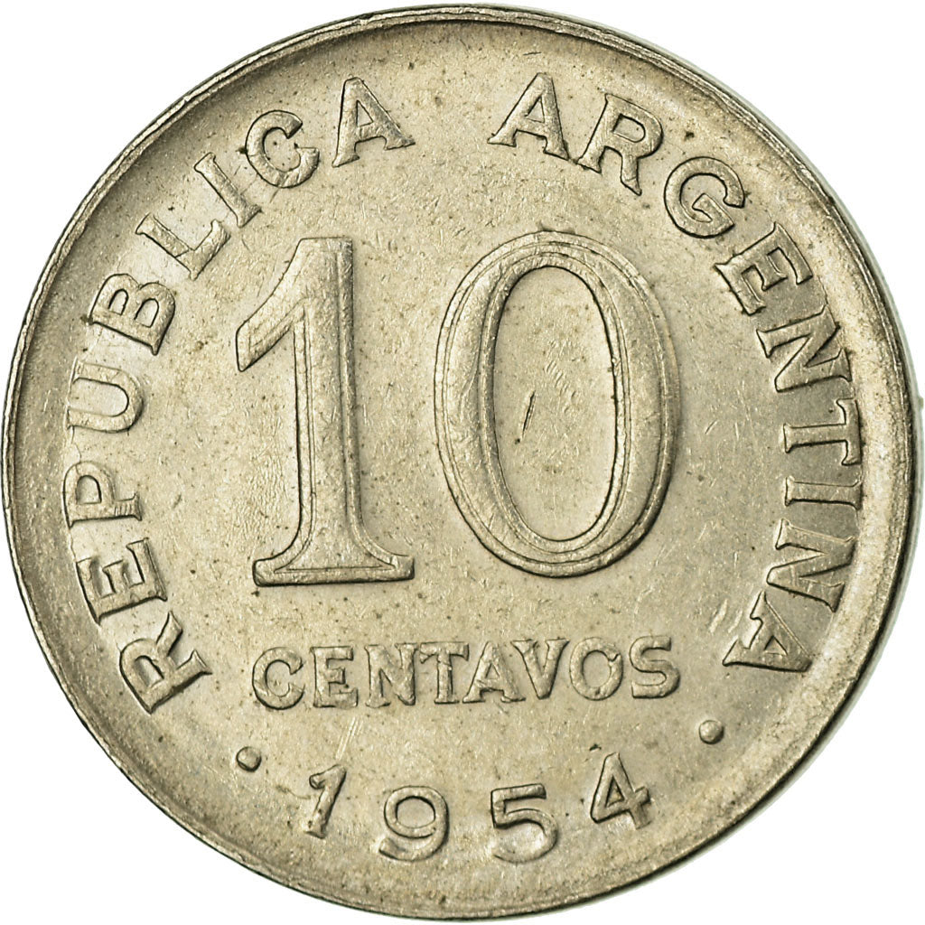 Moneda, Argentina, 10 Centavos, 1954, MBC, Níquel recubierto de acero, KM:51