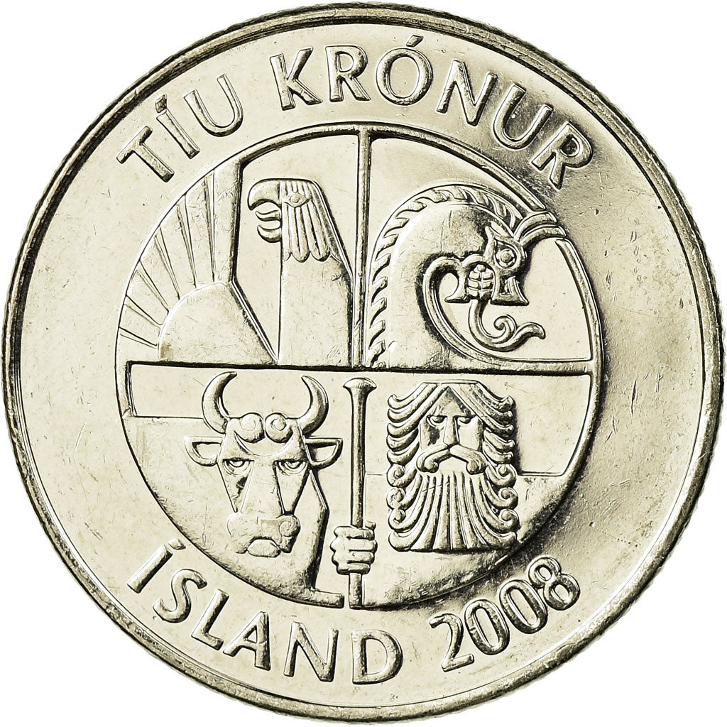 Munten, IJsland, 10 Kronur, 2008, ZF, Nickel plated steel, KM:29.1a