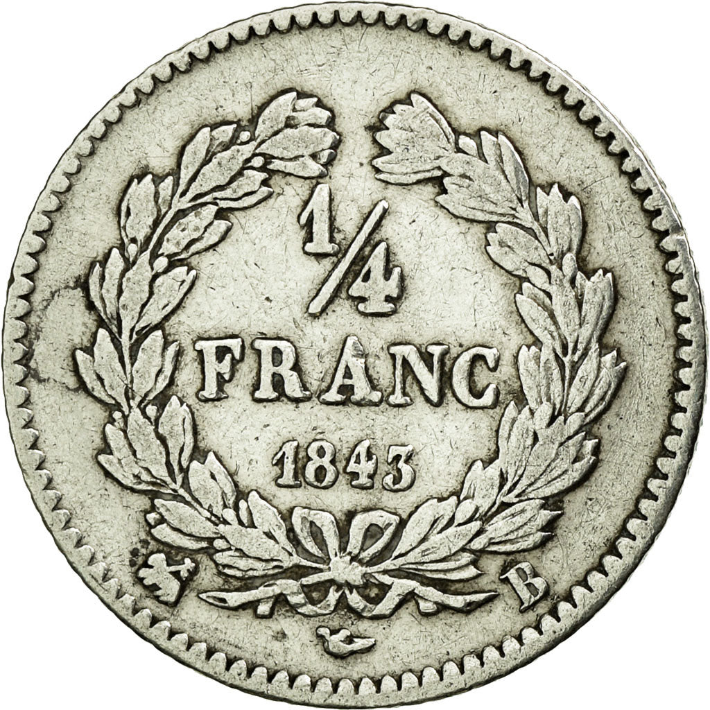 Moneta, Francia, Louis-Philippe, 1/4 Franc, 1843, Rouen, BB, Argento, KM:740.2