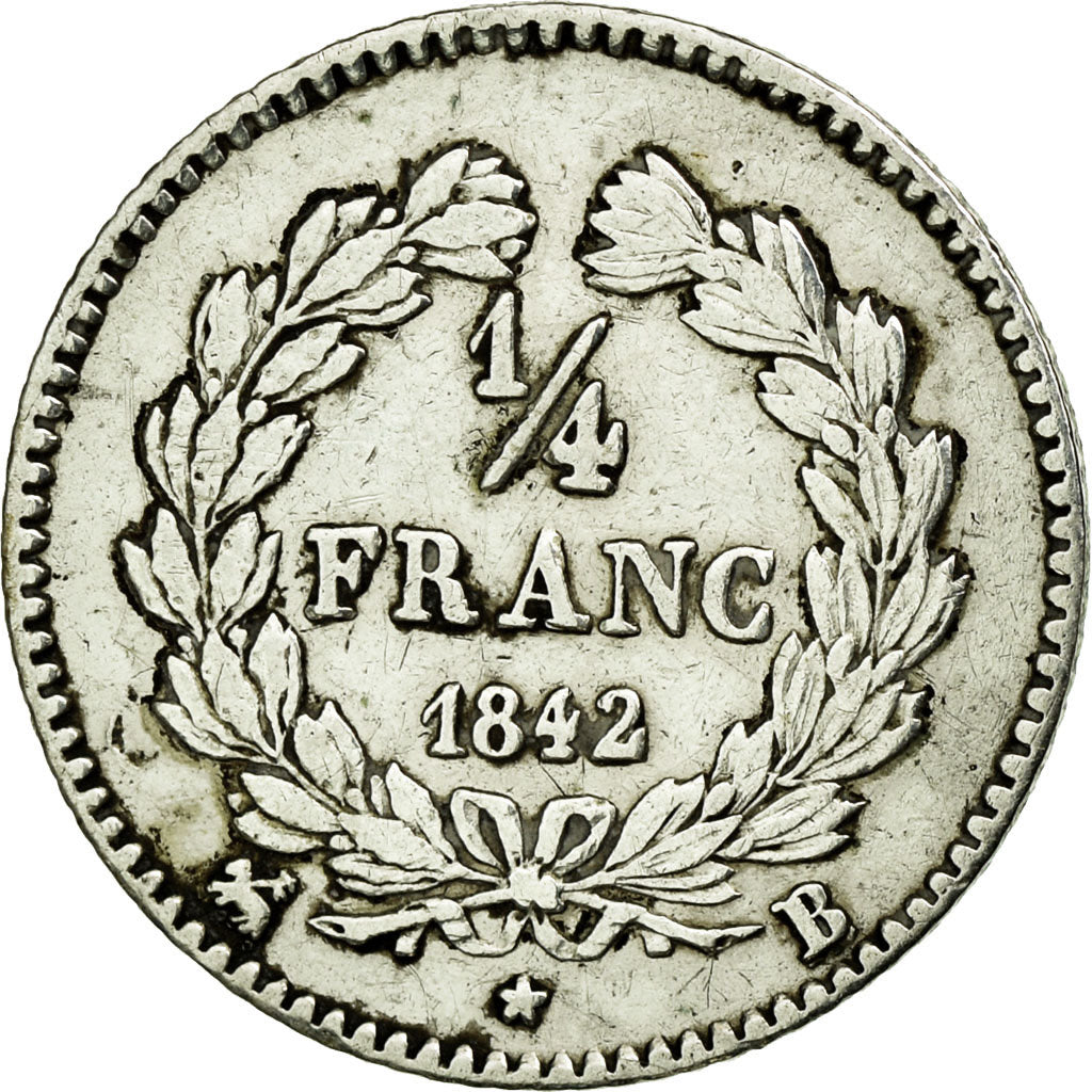 Moneda, Francia, Louis-Philippe, 1/4 Franc, 1842, Rouen, MBC, Plata, KM:740.2