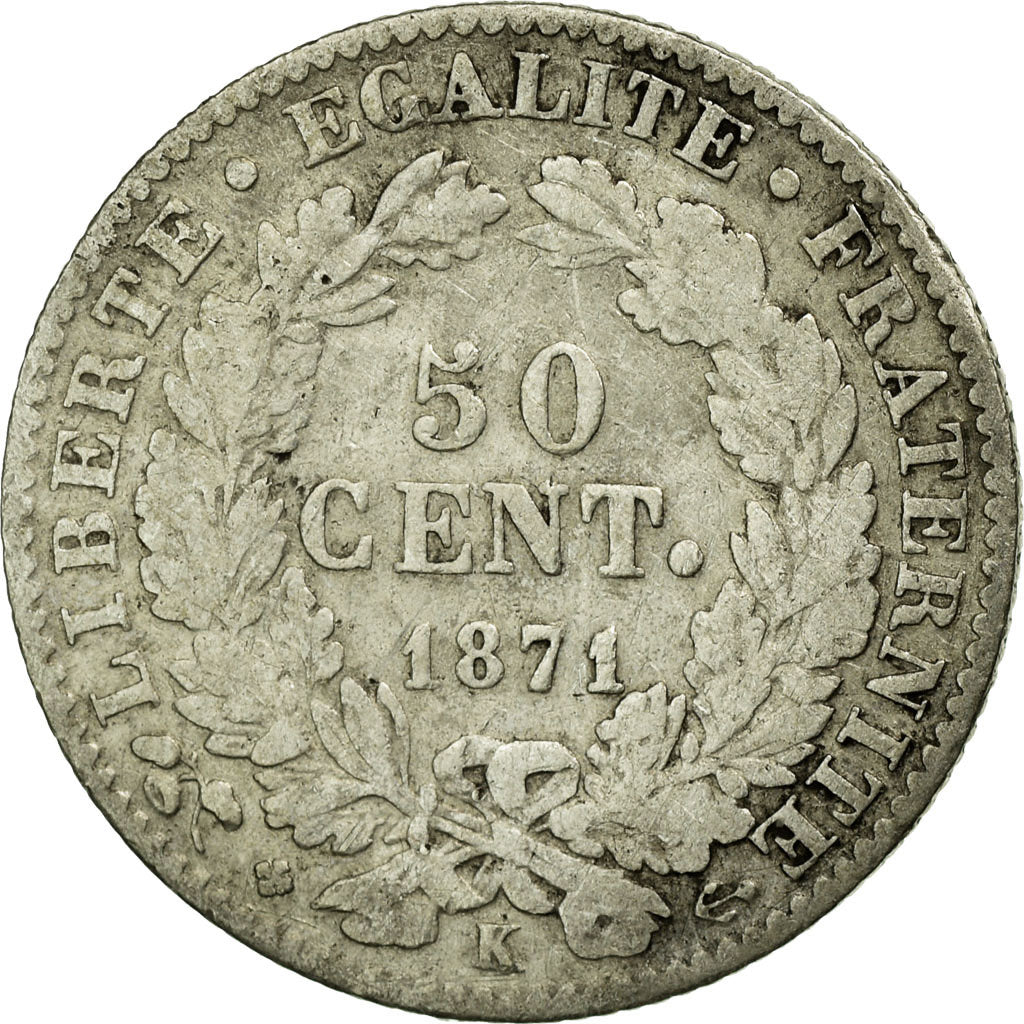 Moneta, Francia, Cérès, 50 Centimes, 1871, Bordeaux, B+, Argento, KM:834.2