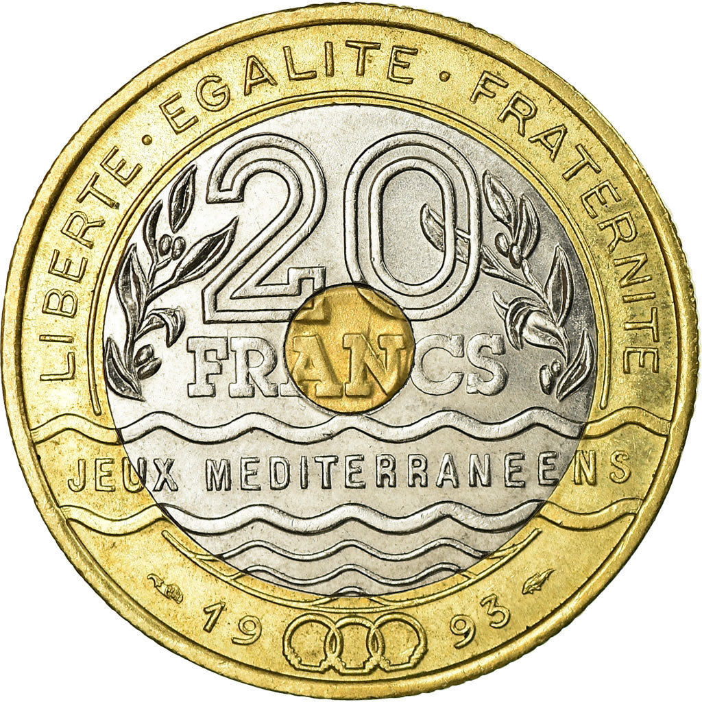 Coin, France, Jeux Méditerranéens, 20 Francs, 1993, AU(55-58), Tri-Metallic