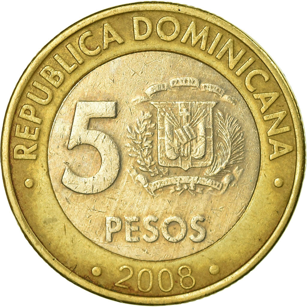 Moneta, Repubblica domenicana, 5 Pesos, 2008, BB, Bi-metallico, KM:89