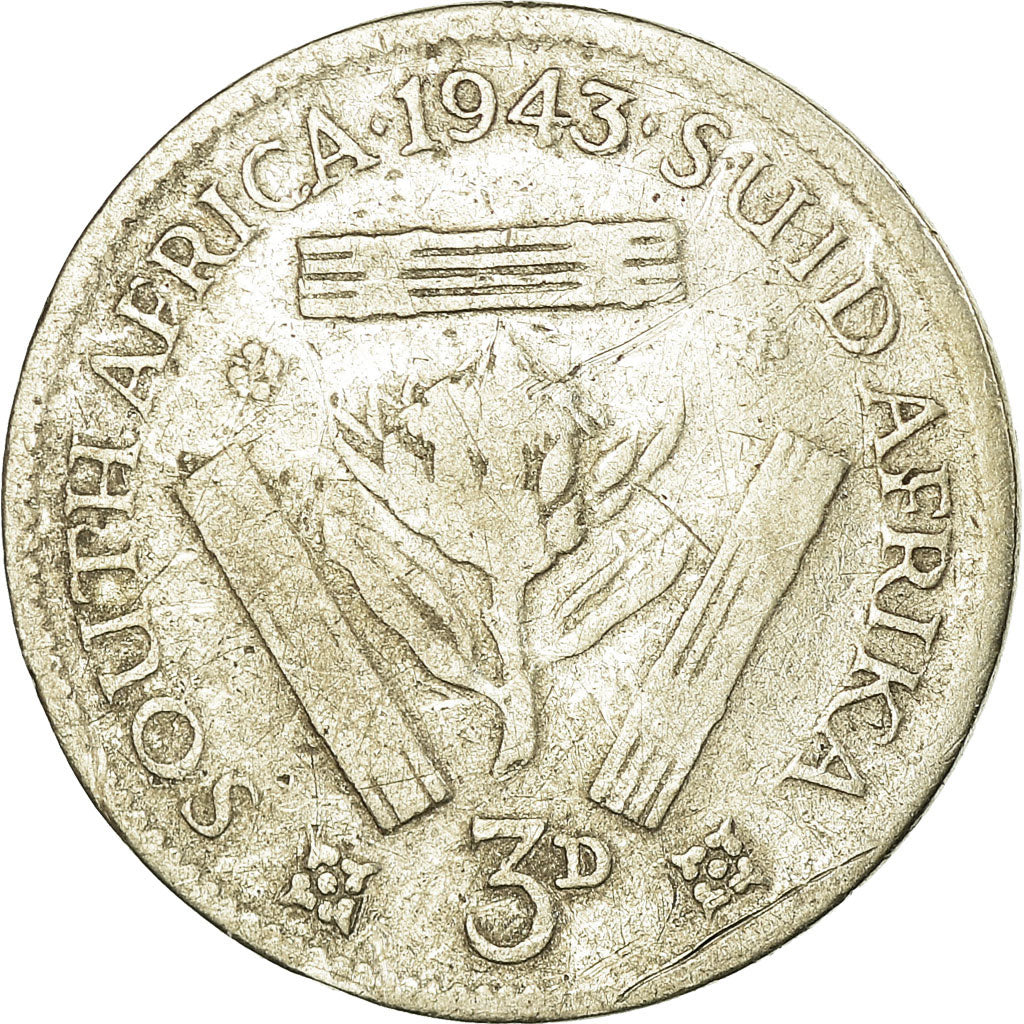 Moneda, Sudáfrica, George VI, 3 Pence, 1943, BC+, Plata, KM:26
