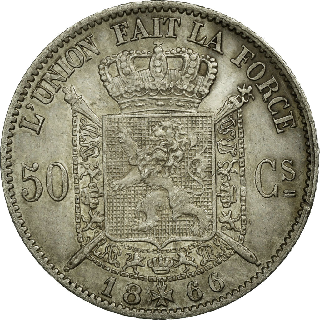 Moneta, Belgio, Leopold II, 50 Centimes, 1866, SPL-, Argento, KM:26