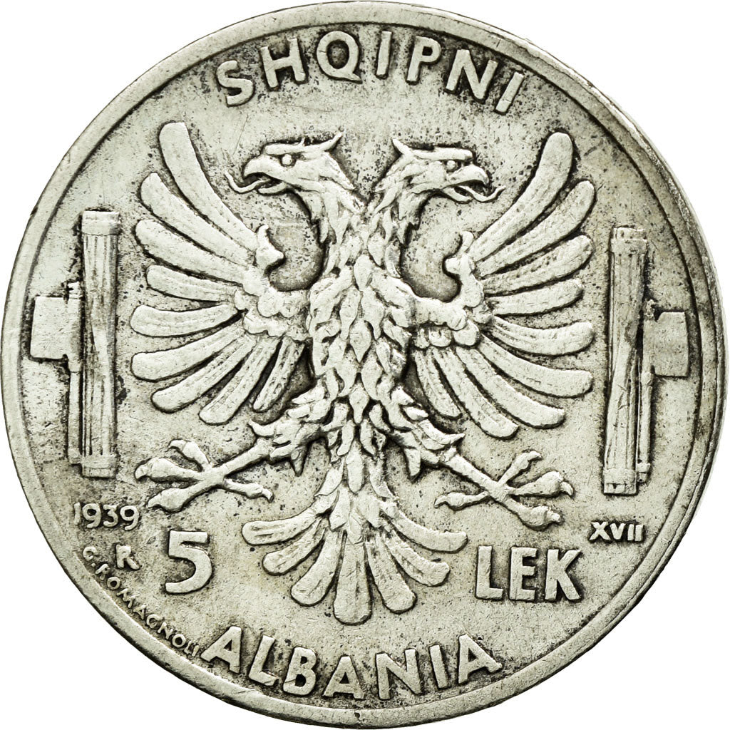 Münze, Albania, Vittorio Emanuele III, 5 Lek, 1939, Rome, SS+, Silber, KM:33