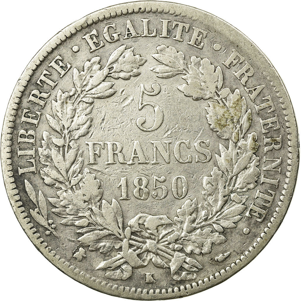 Coin, France, Cérès, 5 Francs, 1850, Bordeaux, VF(30-35), Silver, KM:761.3