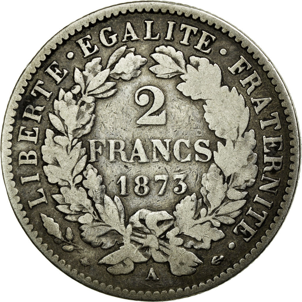 Moneda, Francia, Cérès, 2 Francs, 1873, Paris, BC+, Plata, Gadoury:530a
