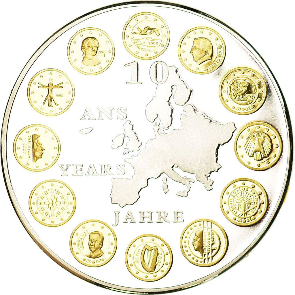 França, Medal, 10 ans de l'Euro, MS(65-70), Cobre-Níquel Dourado