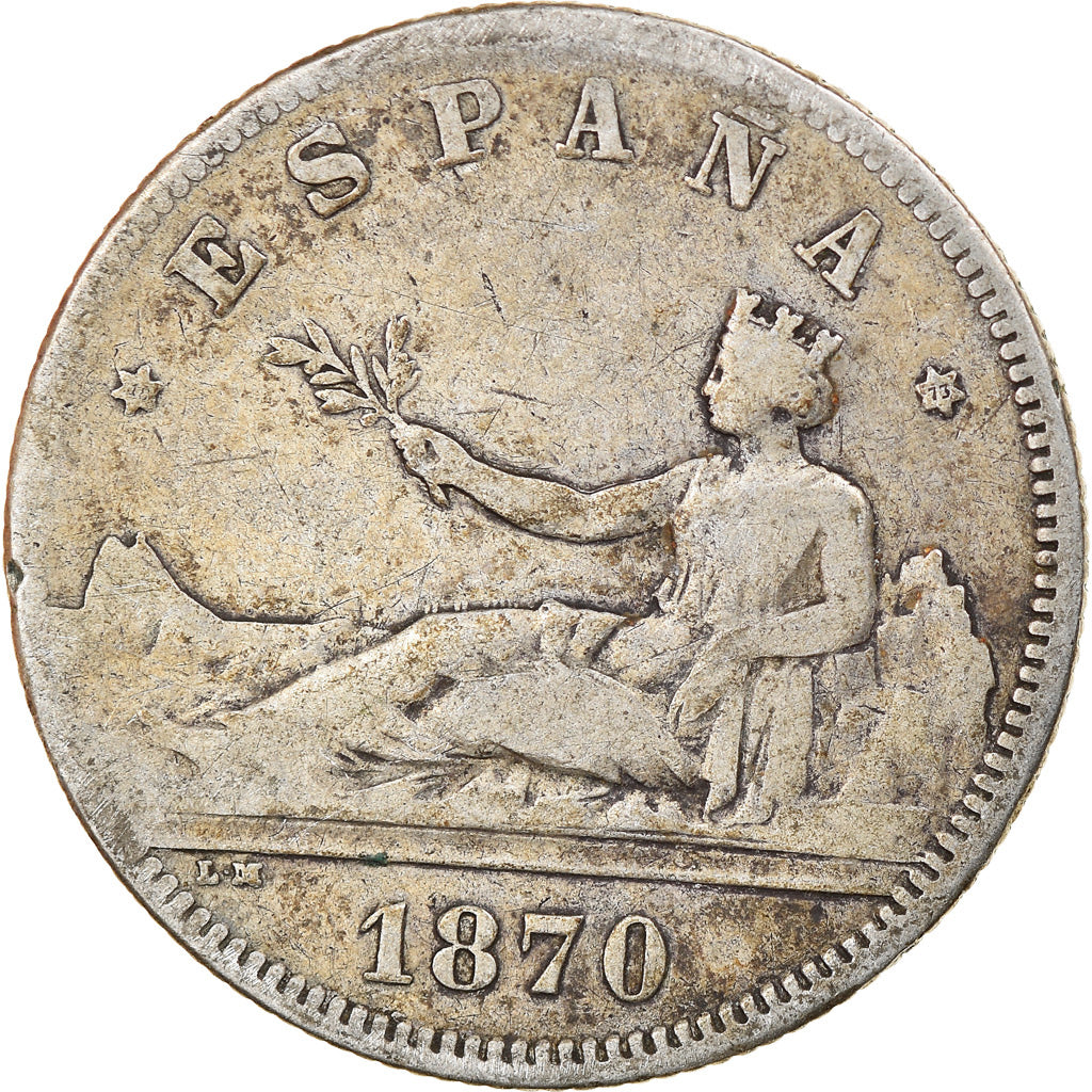 Moneda, España, Provisional Government, 2 Pesetas, 1870, Madrid, BC+, Plata