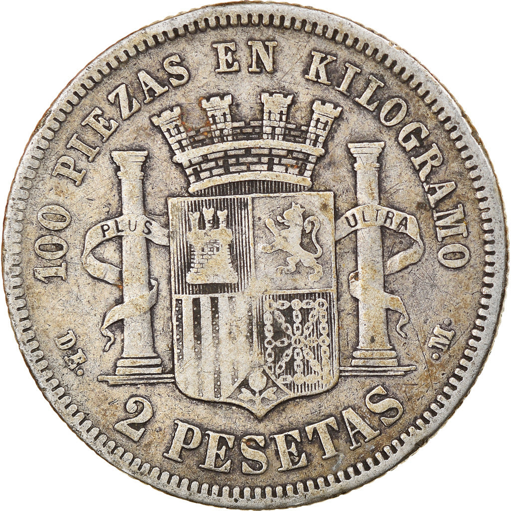 Moneda, España, Provisional Government, 2 Pesetas, 1870, Madrid, BC+, Plata