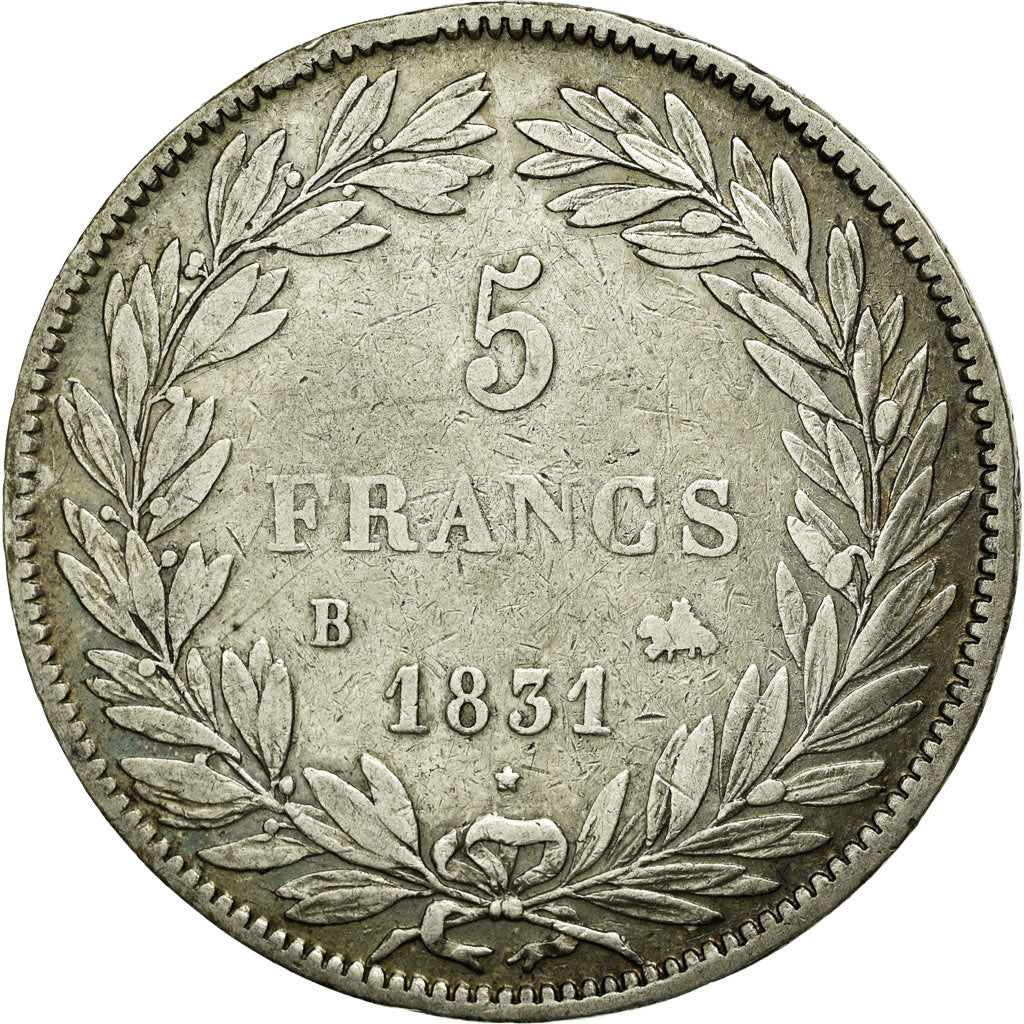Moneta, Francia, Louis-Philippe, 5 Francs, 1831, Rouen, MB+, Argento, KM:735.2