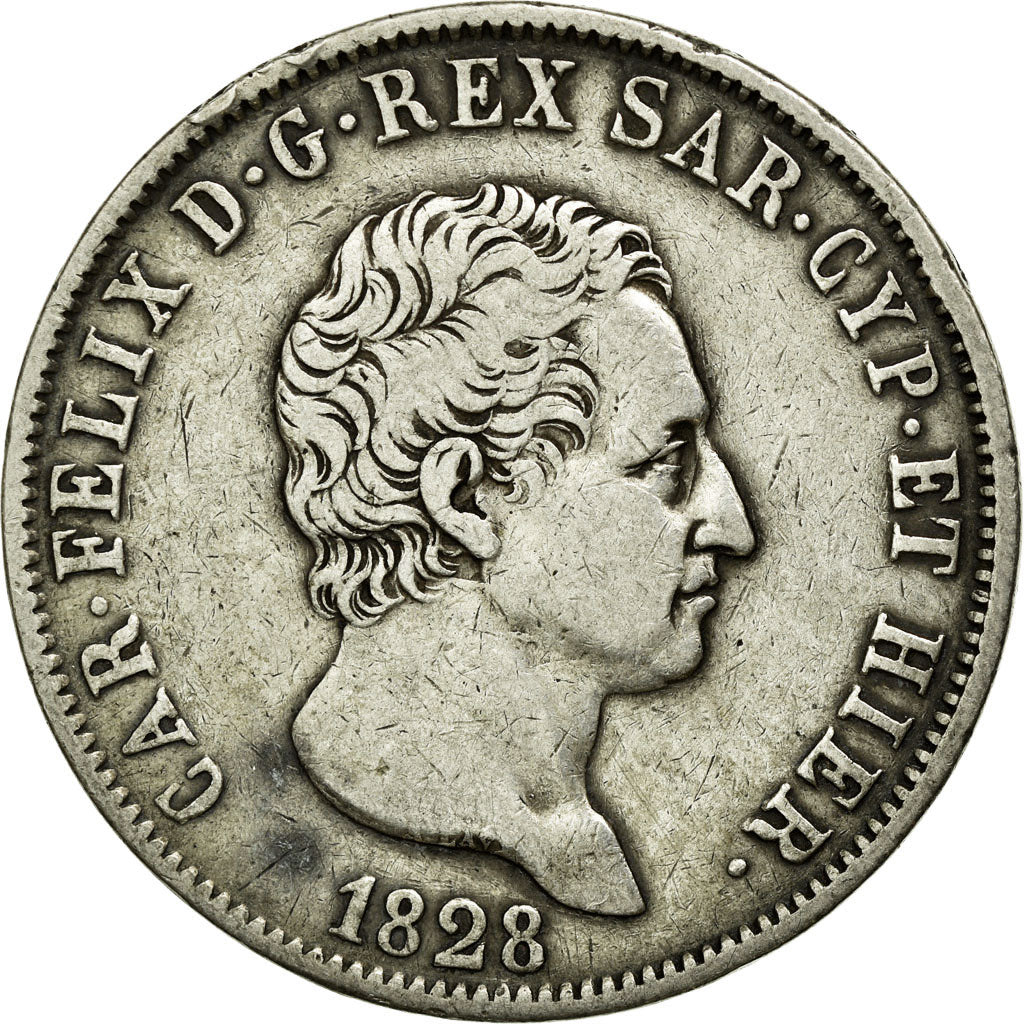 Moneda, Estados italianos, SARDINIA, Carlo Felice, 5 Lire, 1828, MBC, Plata