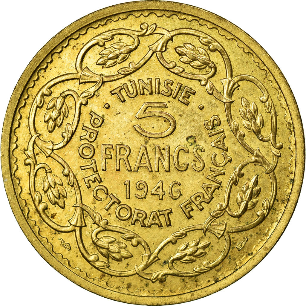 Coin, Tunisia, Muhammad al-Amin Bey, 5 Francs, 1946, Paris, MS(60-62)