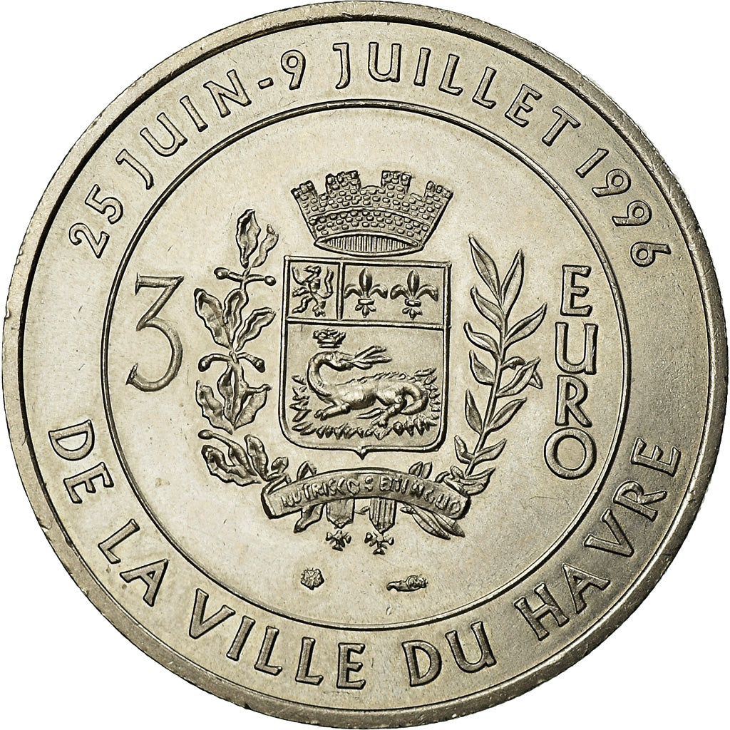 França, Medal, 3 Euro Ville du Havre, Pont de Normandie, 1996, MS(64)