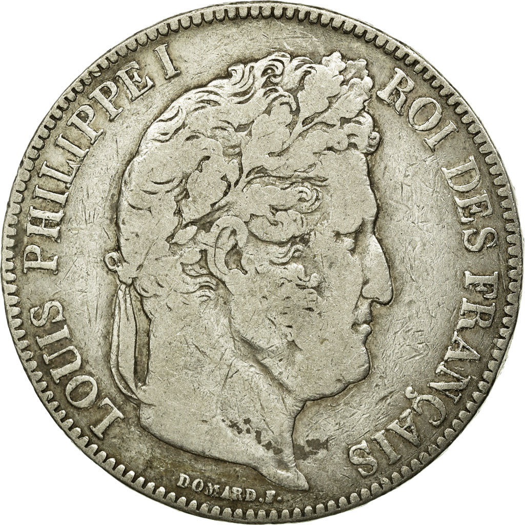 Moneta, Francia, Louis-Philippe, 5 Francs, 1843, Rouen, MB+, Argento, KM:749.2