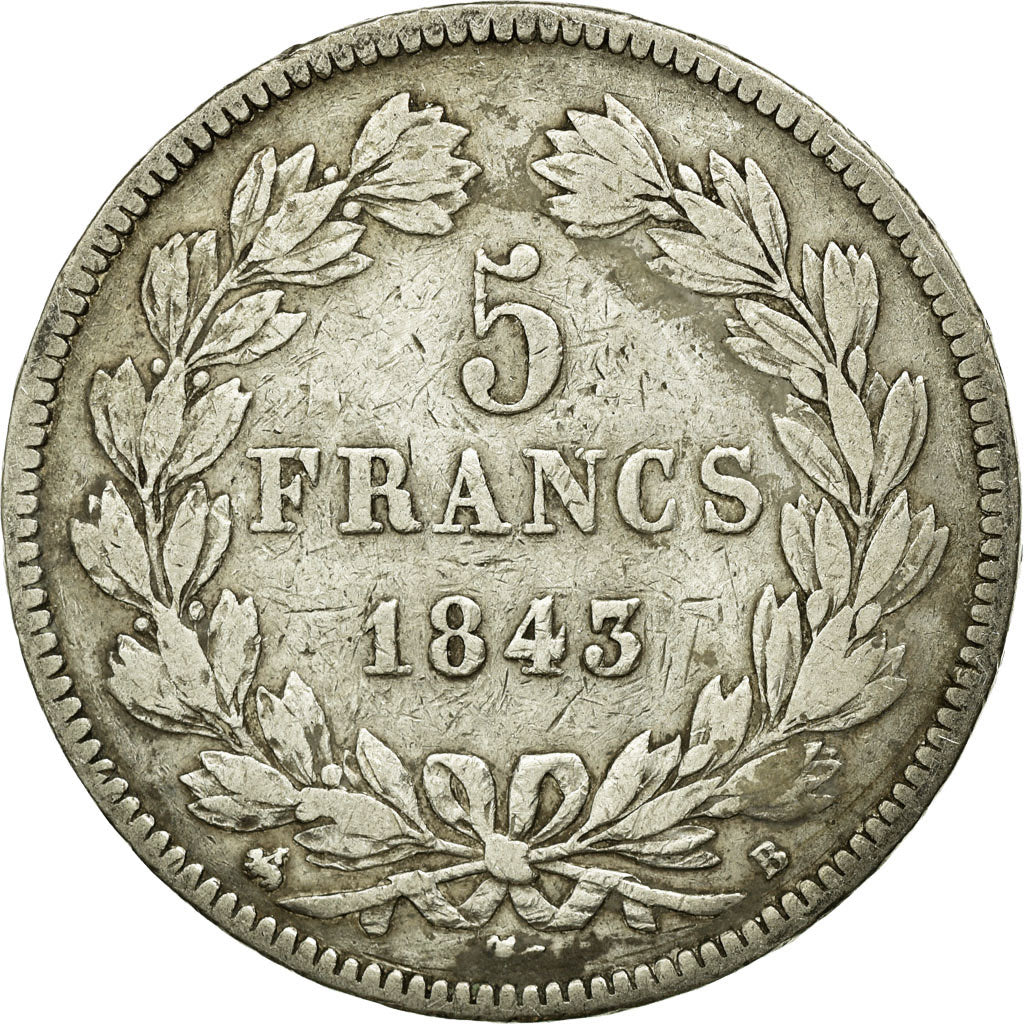 Moneta, Francia, Louis-Philippe, 5 Francs, 1843, Rouen, MB+, Argento, KM:749.2