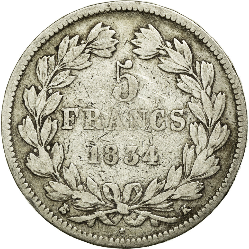 Münze, Frankreich, Louis-Philippe, 5 Francs, 1834, Bordeaux, S+, Silber