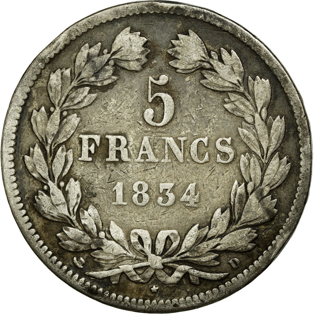 Coin, France, Louis-Philippe, 5 Francs, 1834, Lyon, VF(30-35), Silver, KM:749.4