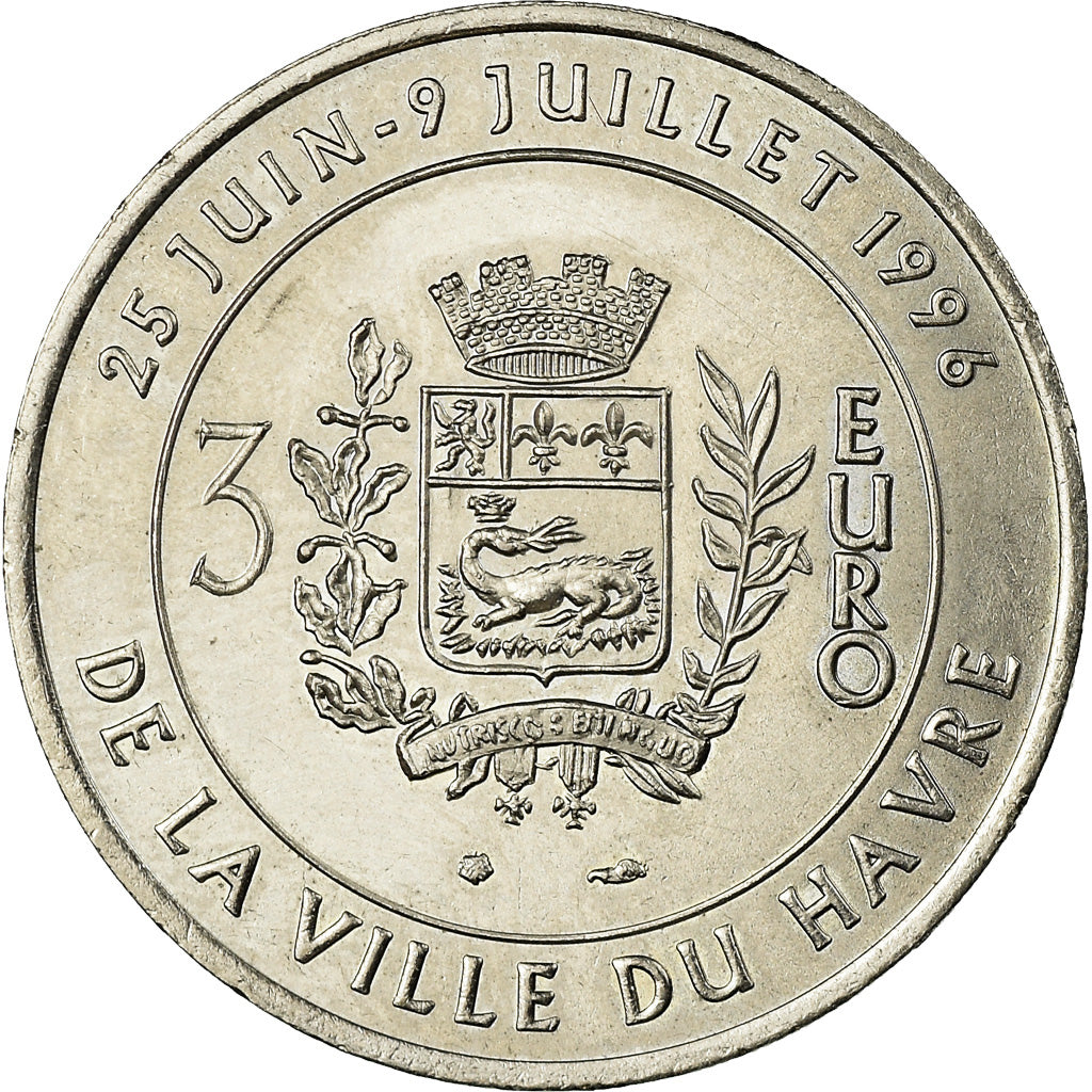 França, Medal, 3 Euro Ville du Havre, Pont de Normandie, 1996, MS(64)