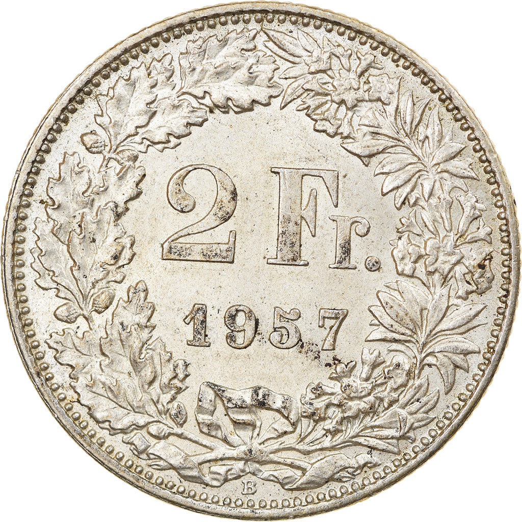 Coin, Switzerland, 2 Francs, 1957, Bern, AU(55-58), Silver, KM:21