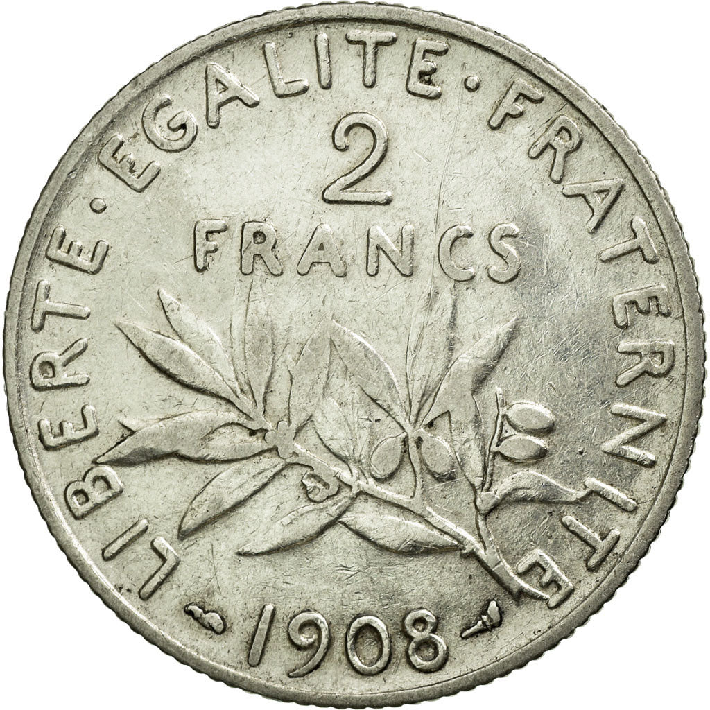 Coin, France, Semeuse, 2 Francs, 1908, AU(50-53), Silver, Gadoury:532