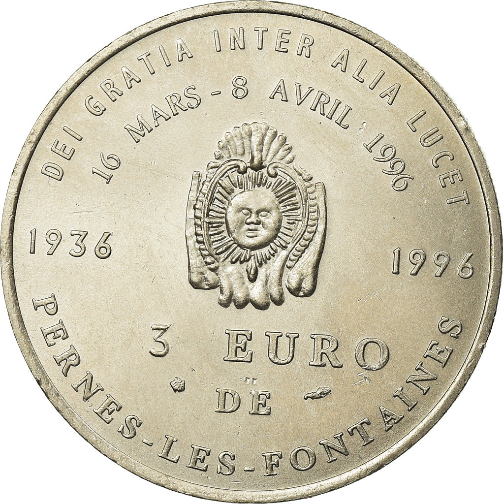France, Token, 3 euro de Pernes-les-Fontaines, 1996, MS(65-70), Copper-nickel