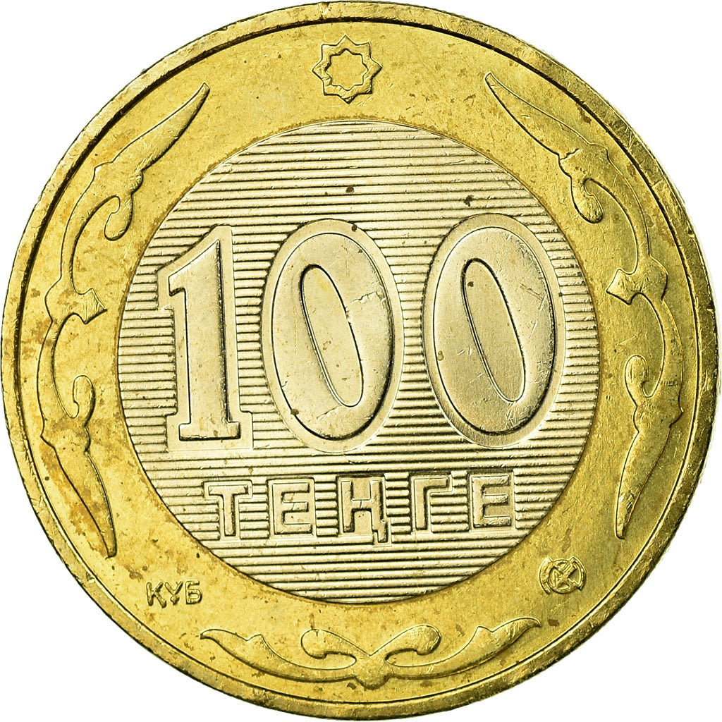 Moeda, Cazaquistão, 100 Tenge, 2002, Kazakhstan Mint, EF(40-45), Bimetálico