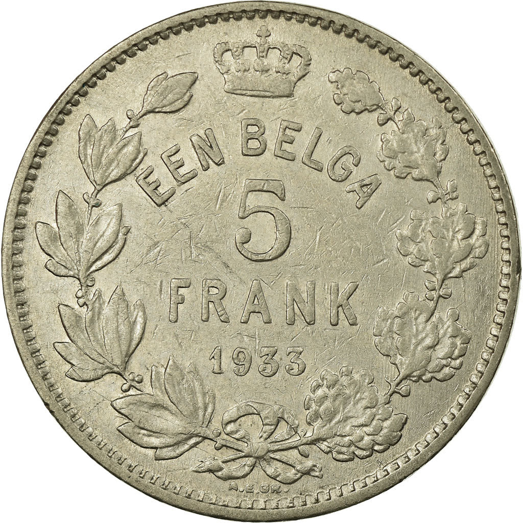 Moeda, Bélgica, 5 Francs, 5 Frank, 1933, EF(40-45), Níquel, KM:98