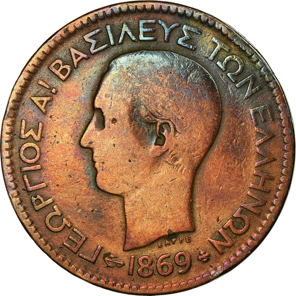 Münze, Griechenland, George I, 10 Lepta, 1869, Strassburg, SGE+, Kupfer, KM:43