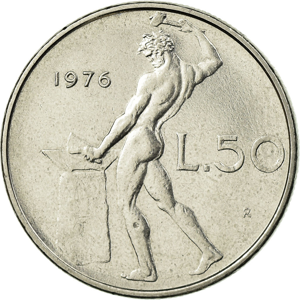 Coin, Italy, 50 Lire, 1976, Rome, AU(55-58), Stainless Steel, KM:95.1