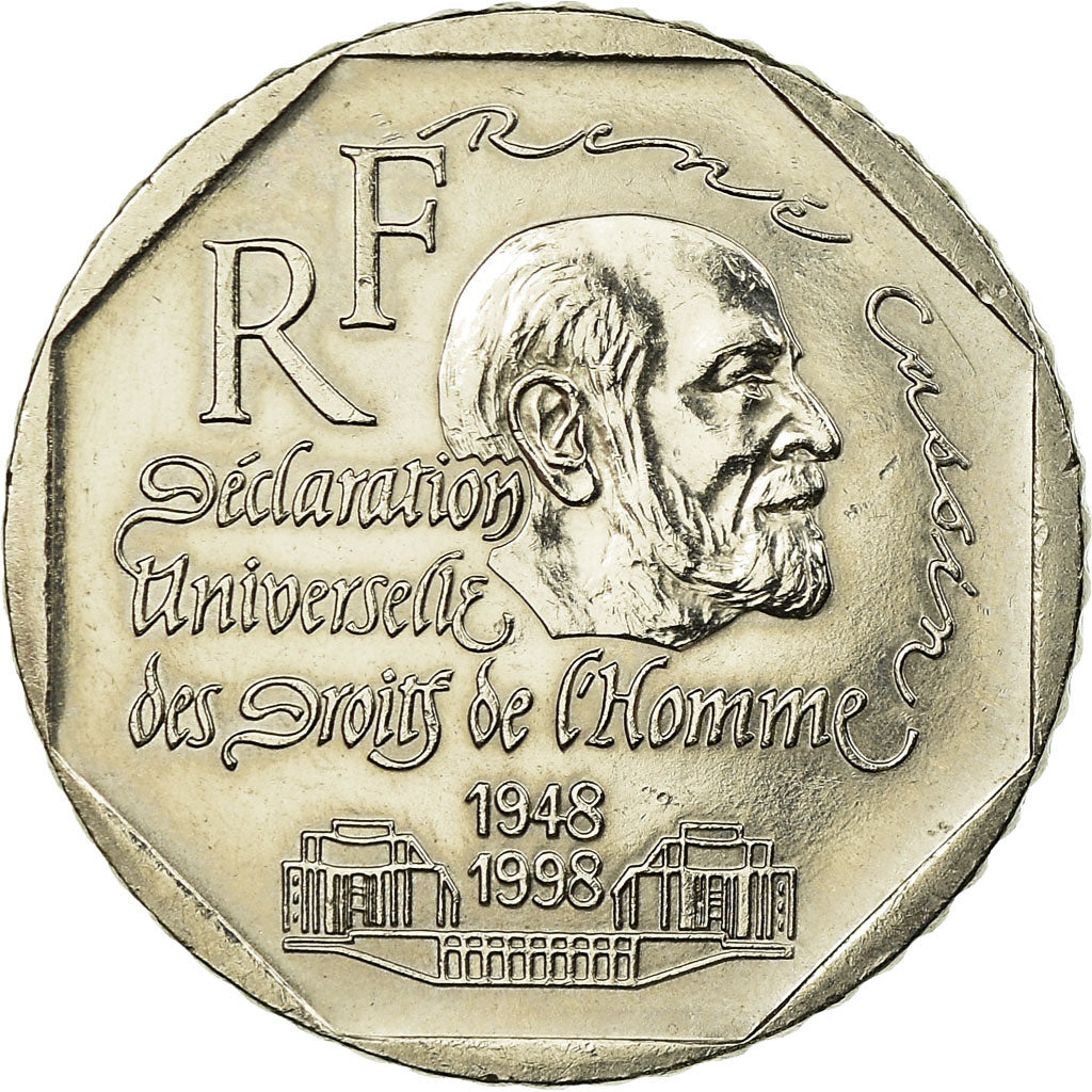 Moeda, França, René Cassin, 2 Francs, 1998, AU(50-53), Níquel, KM:1213