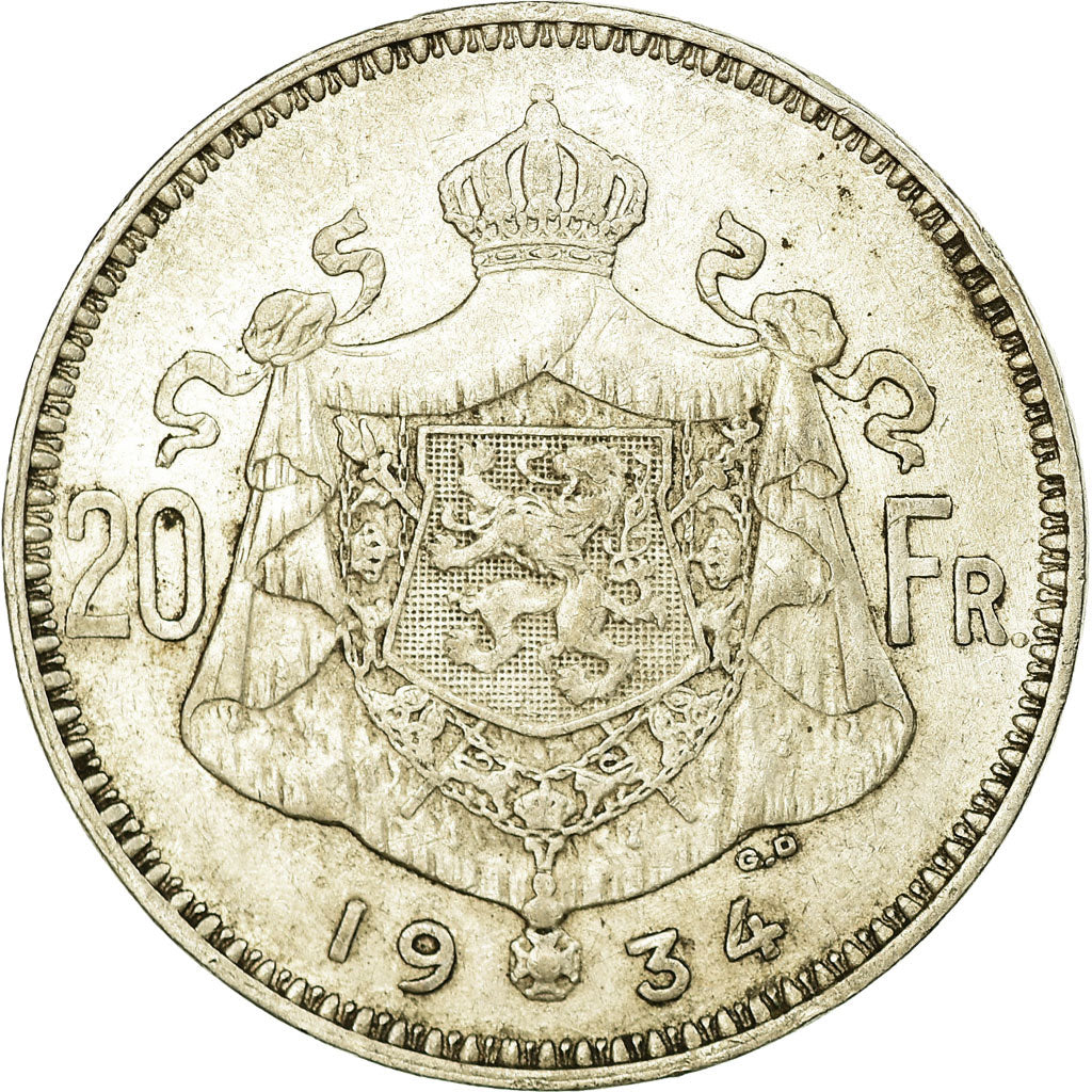 Coin, Belgium, 20 Francs, 20 Frank, 1934, EF(40-45), Silver, KM:104.1