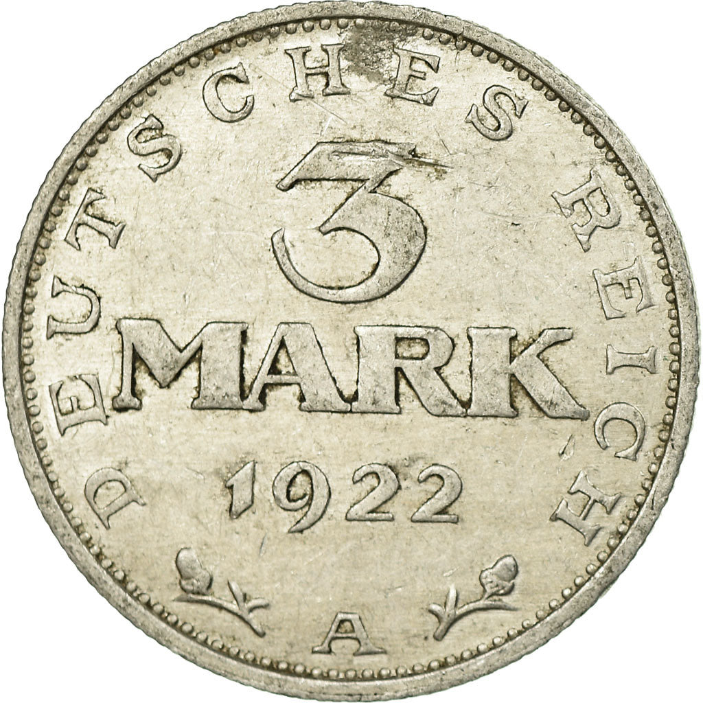 Munten, Duitsland, Weimarrepubliek, 3 Mark, 1922, Berlin, ZF, Aluminium, KM:28