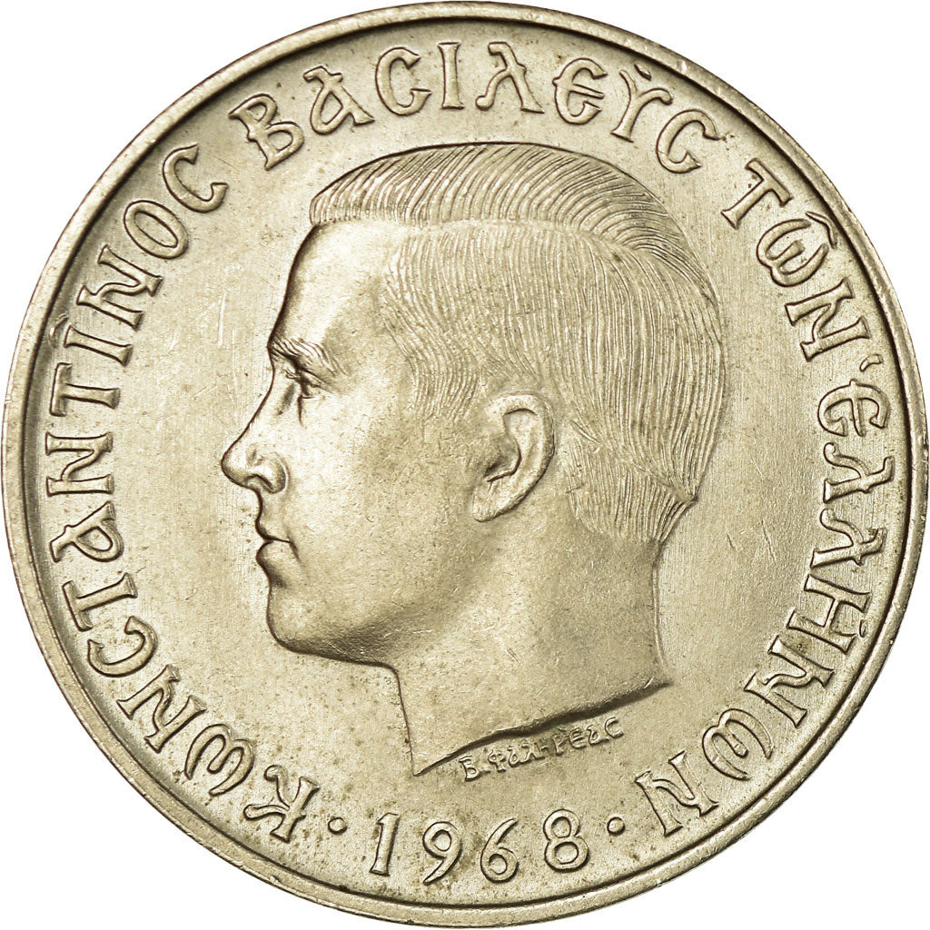 Moneda, Grecia, 10 Drachmai, 1968, MBC, Cobre - níquel