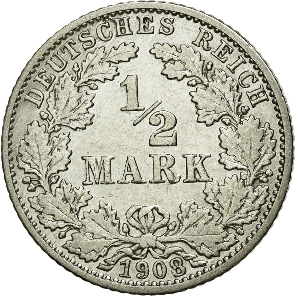 Coin, GERMANY - EMPIRE, 1/2 Mark, 1908, Karlsruhe, EF(40-45), Silver, KM:17
