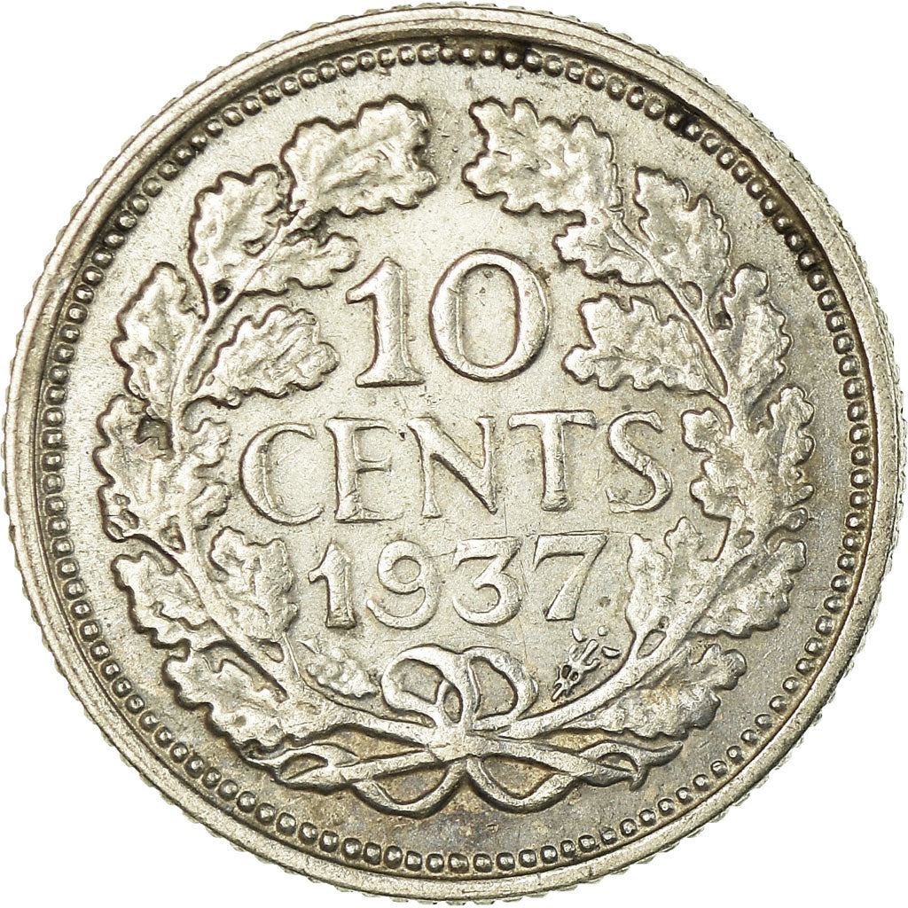 Moneda, Países Bajos, Wilhelmina I, 10 Cents, 1937, MBC+, Plata, KM:163