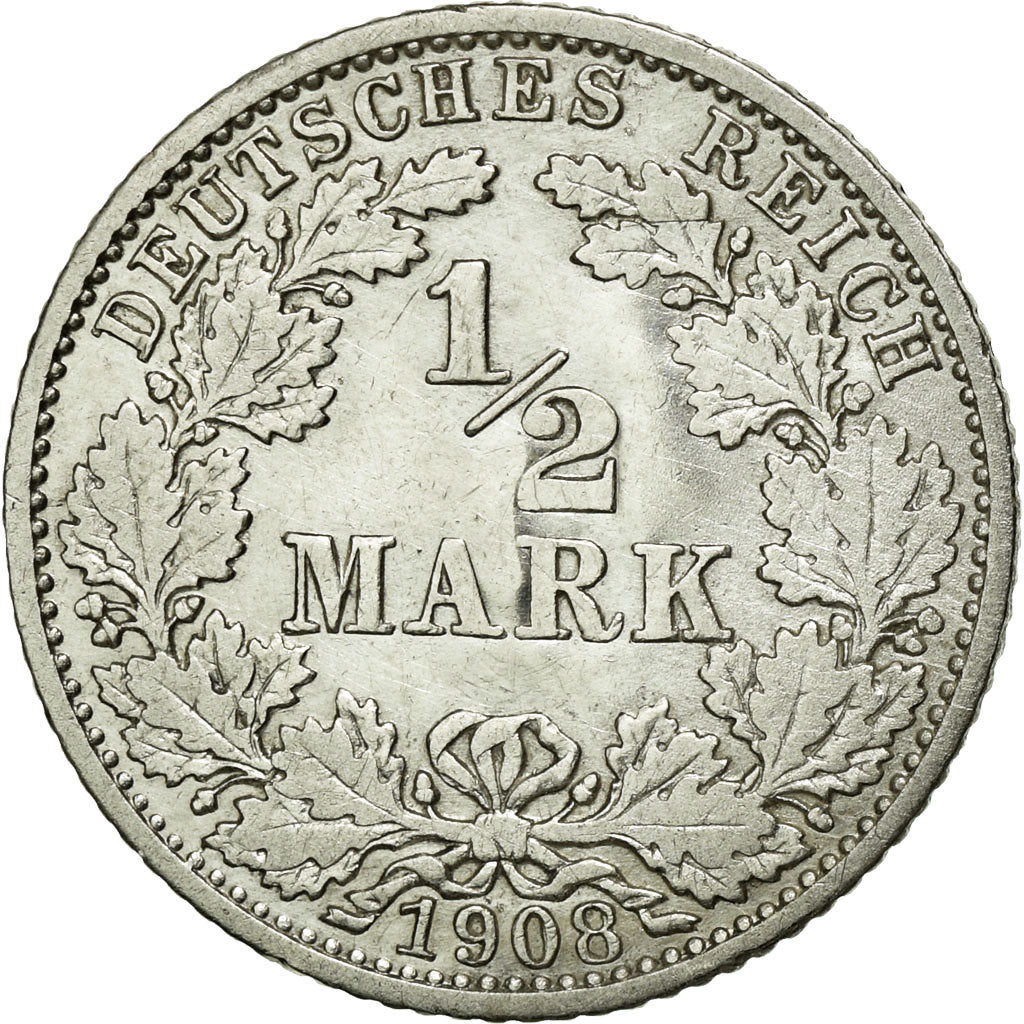 Coin, GERMANY - EMPIRE, 1/2 Mark, 1908, Karlsruhe, EF(40-45), Silver, KM:17