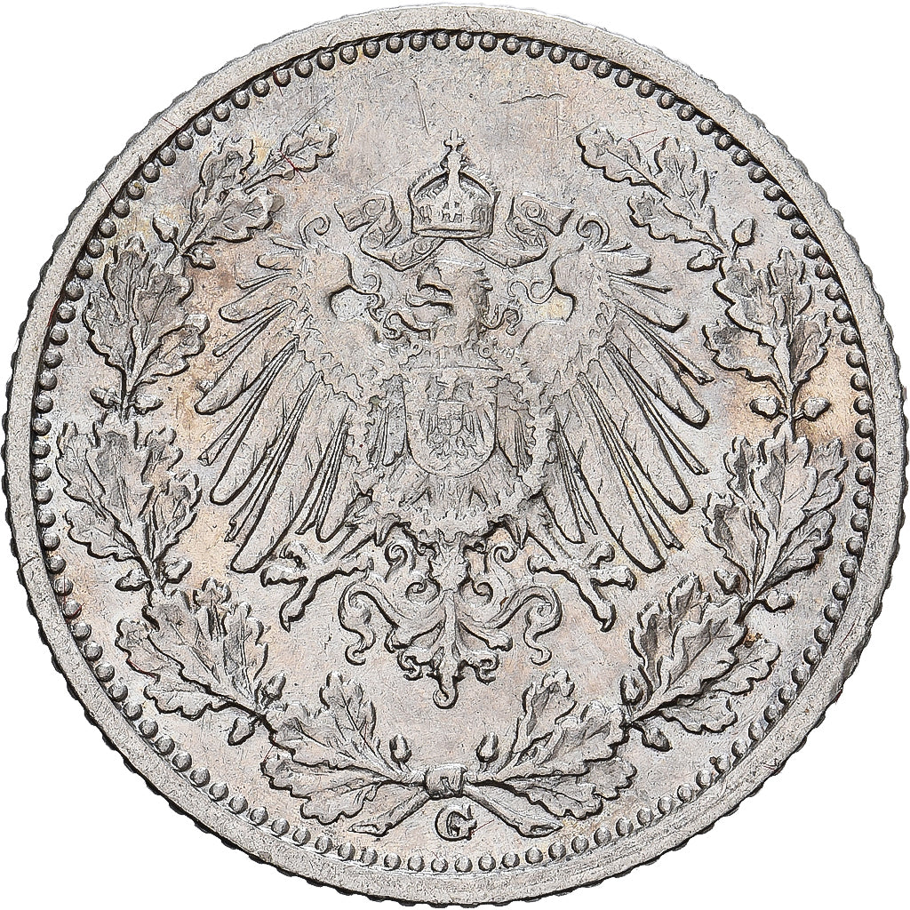Coin, GERMANY - EMPIRE, 1/2 Mark, 1908, Karlsruhe, AU(55-58), Silver, KM:17