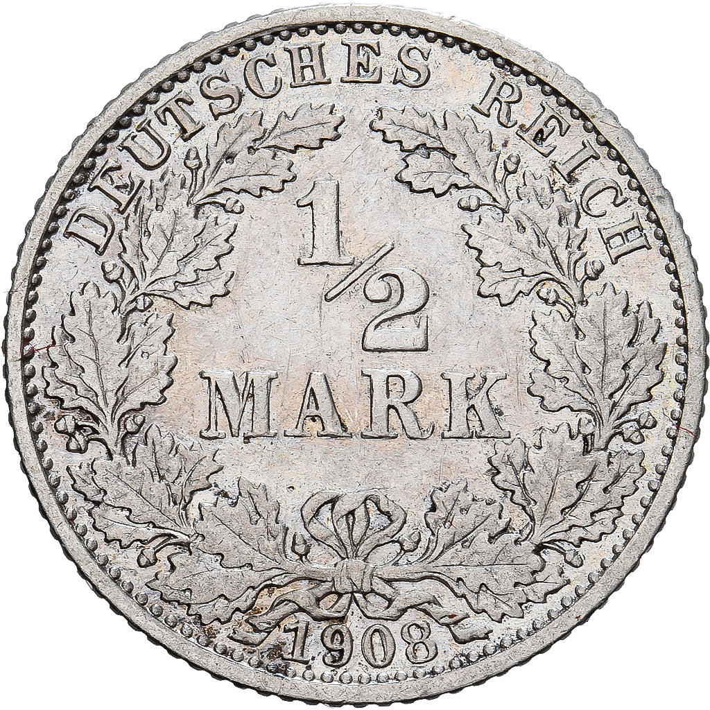 Coin, GERMANY - EMPIRE, 1/2 Mark, 1908, Karlsruhe, AU(55-58), Silver, KM:17