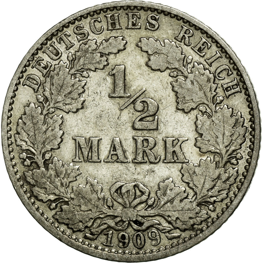 Coin, GERMANY - EMPIRE, 1/2 Mark, 1909, Hambourg, VF(30-35), Silver, KM:17