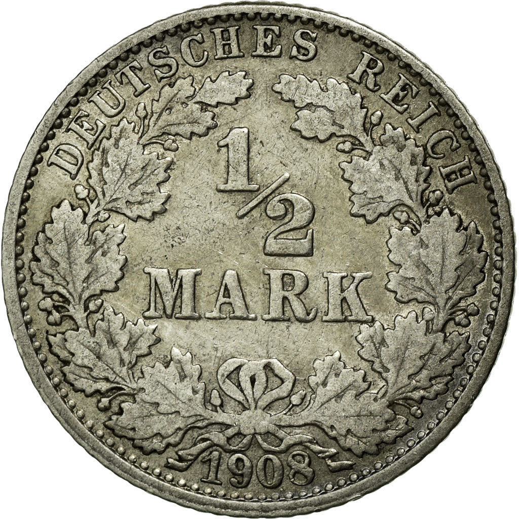 Moneta, NIEMCY - IMPERIUM, 1/2 Mark, 1908, Hambourg, VF(30-35), Srebro, KM:17