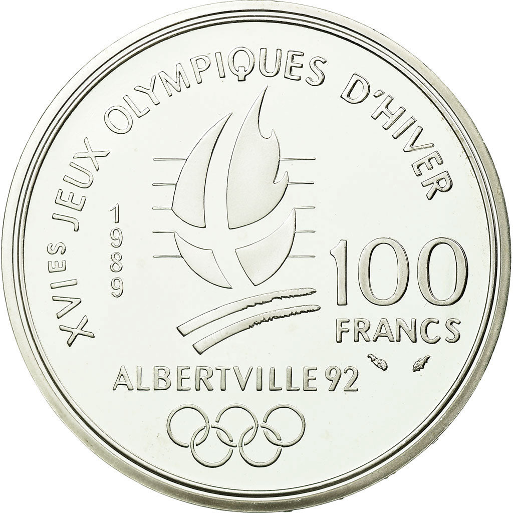 Moneta, Francja, Alpine skiing, 100 Francs, 1989, BE, MS(65-70), Srebro, KM:971