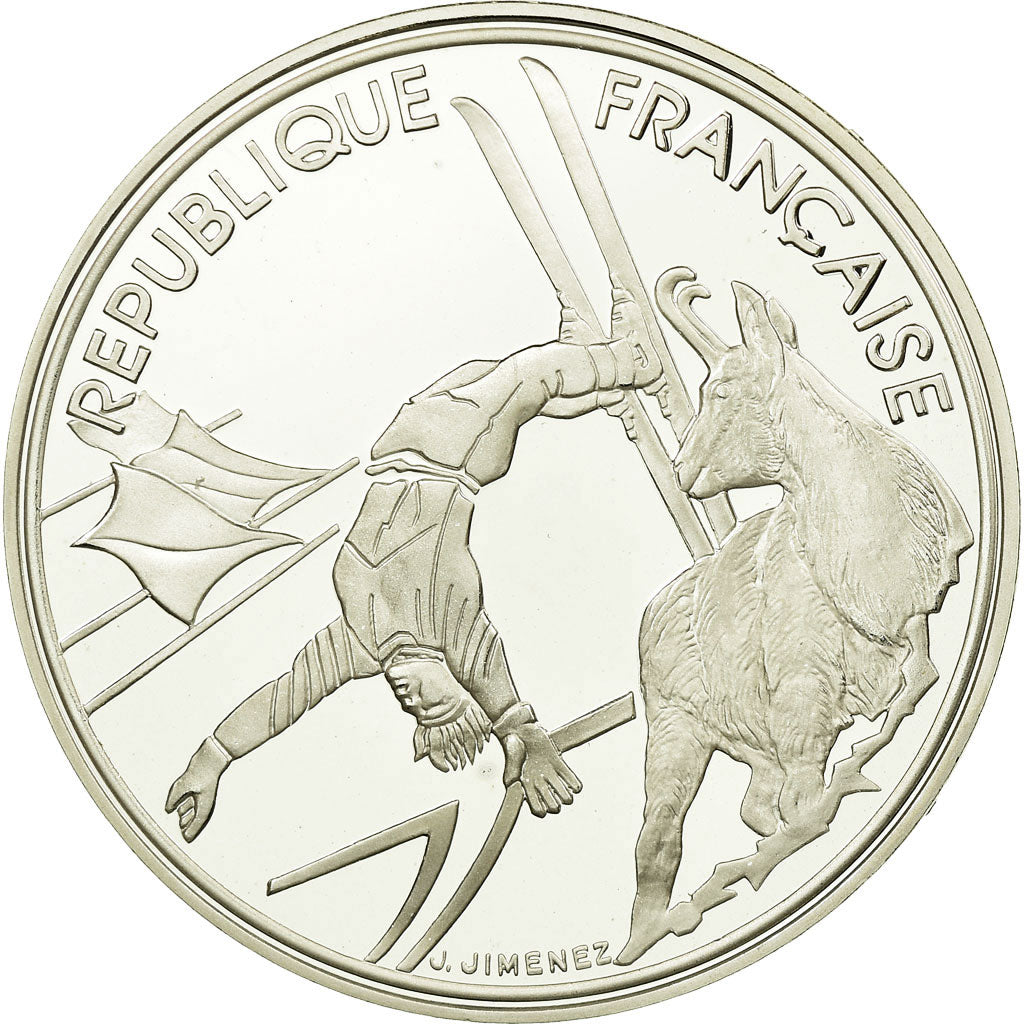 Moneta, Francja, Free-style skier, 100 Francs, 1990, BE, MS(65-70), Srebro