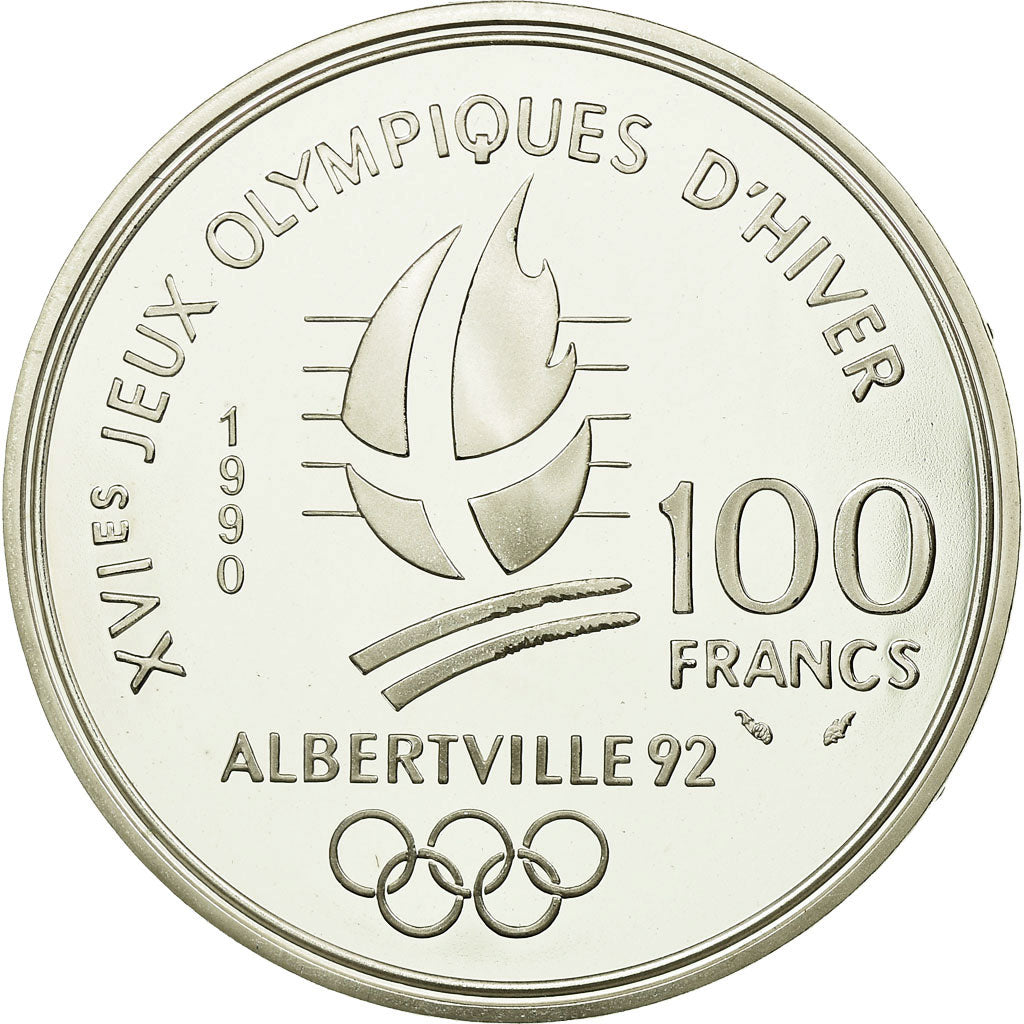 Moneta, Francja, Free-style skier, 100 Francs, 1990, BE, MS(65-70), Srebro