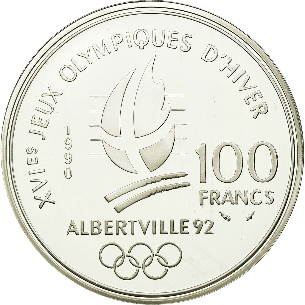 Moneta, Francja, Bobsledding, 100 Francs, 1990, BE, MS(65-70), Srebro, KM:981