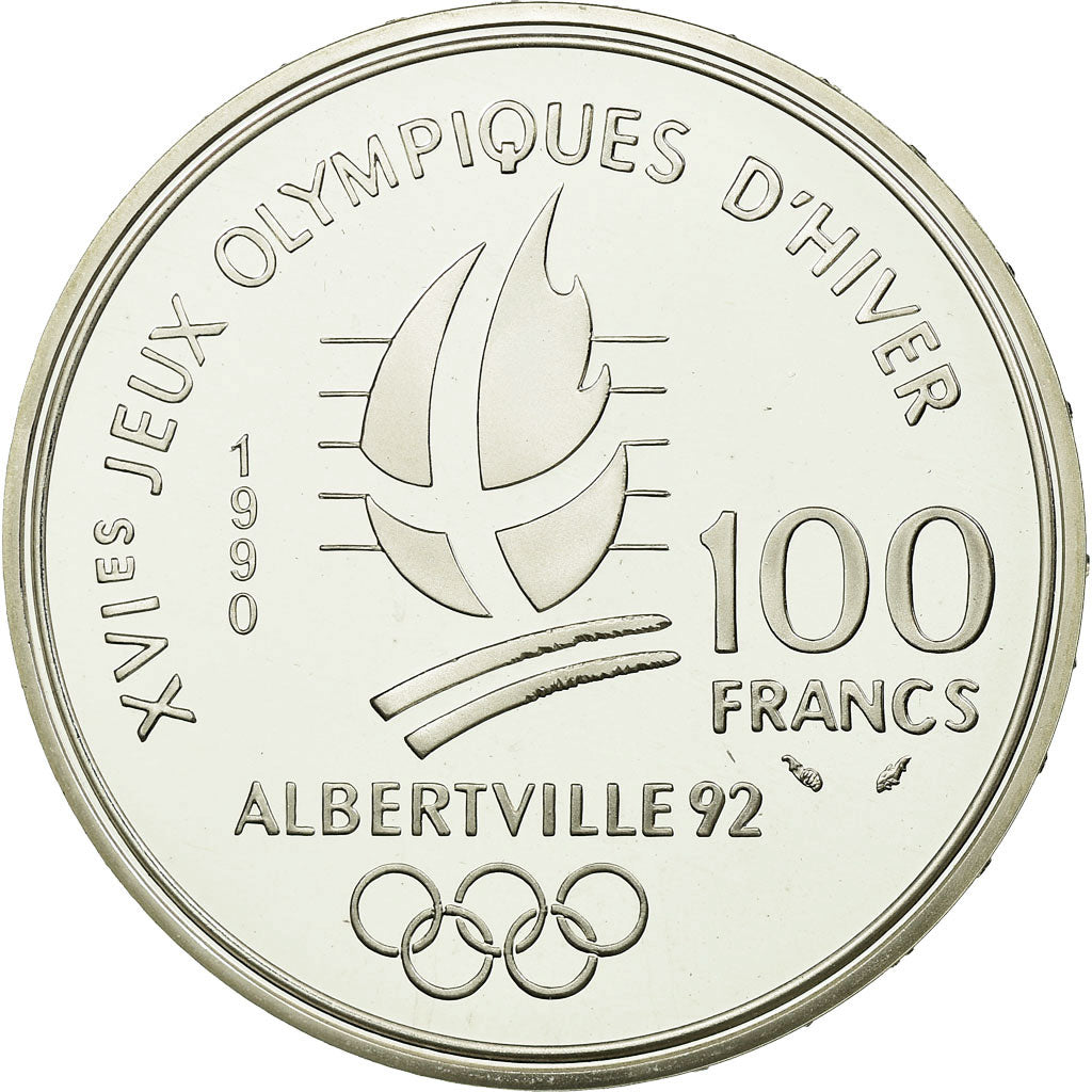 Moneta, Francja, Speed skaters, 100 Francs, 1990, BE, MS(65-70), Srebro, KM:980